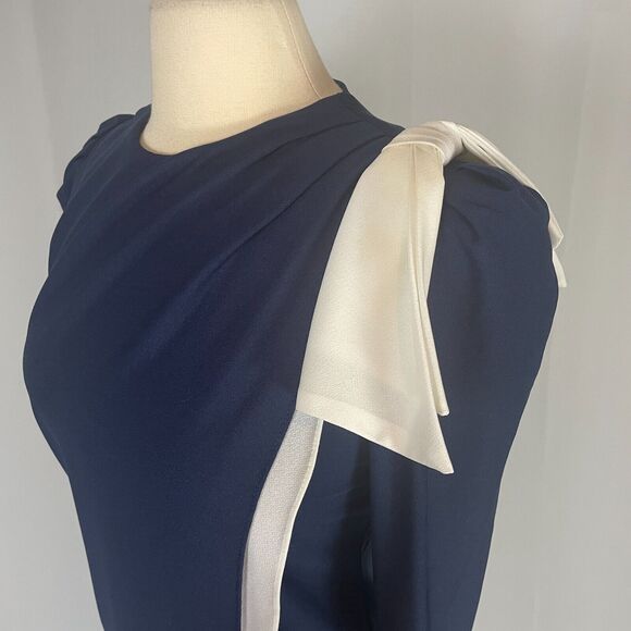 Vintage Dress Size 7 Navy Blue Bow Puff Sleeve Secretary Retro Preppy 70s 80s - Picture 3 of 16